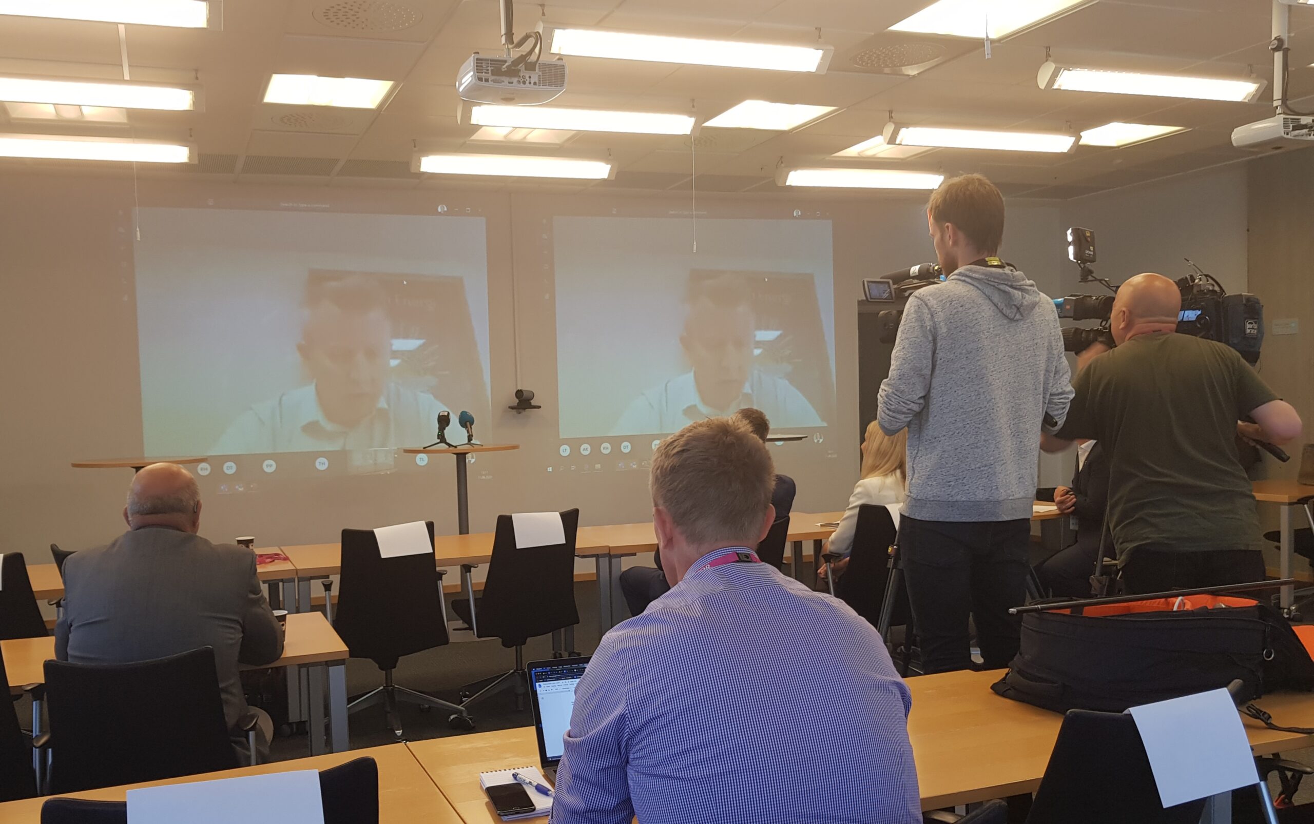 Forbundsleder Frode Alfheim deltok på pressekonferansen via videolink. Foto: Atle Espen Helgesen